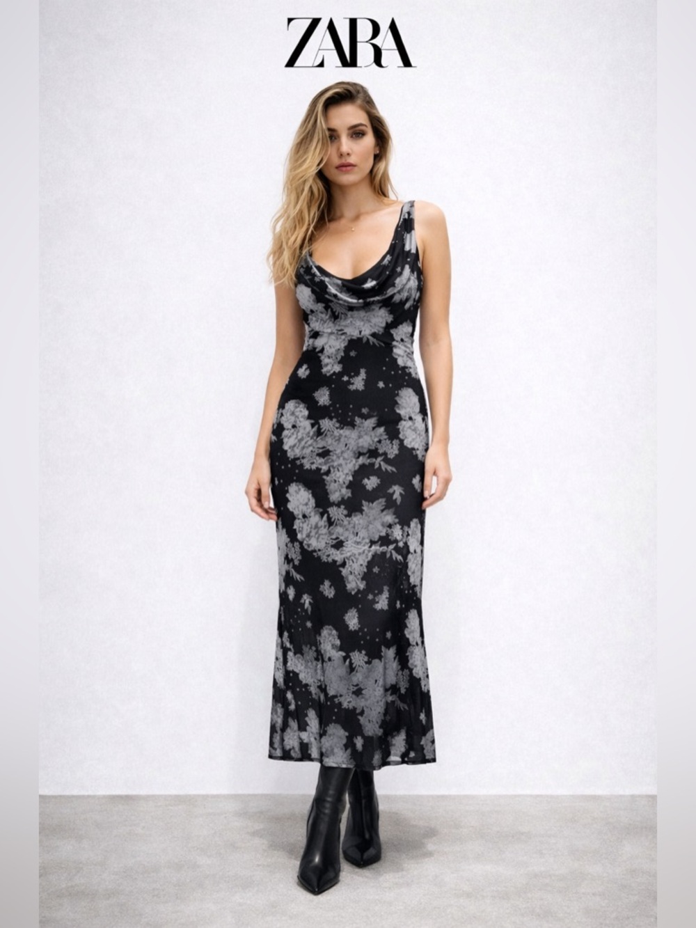 ZARA Black & Silver Floral Sheer Midi Dress Cowl Neck Slip Style S